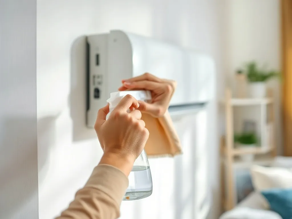 Osoba czyści panel domowej klimatyzacji miękką ściereczką i spryskiwaczem w jasnym, przytulnym wnętrzu.