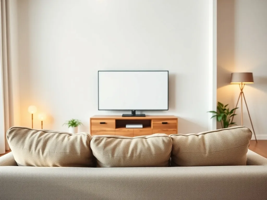 Nowoczesny salon z kanapą ustawioną w optymalnej odległości od telewizora na niskiej szafce, w ciepłym, przytulnym oświetleniu.