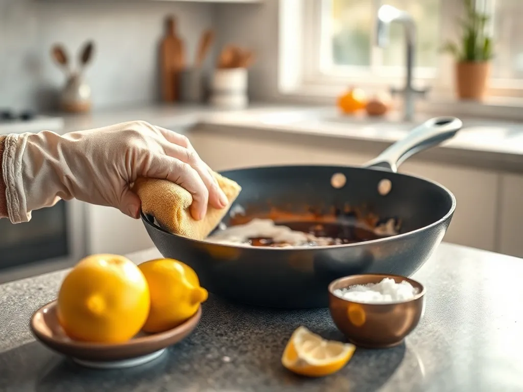 Ręka w rękawiczce czyści przypaloną patelnię gąbką z pianą obok miseczki sody i przekrojonej cytryny.