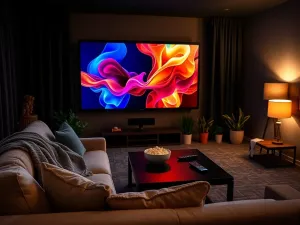 Dekoder podłączony do telewizora jednym kablem HDMI, obok pilot na szafce RTV w jasnym, minimalistycznym salonie.
