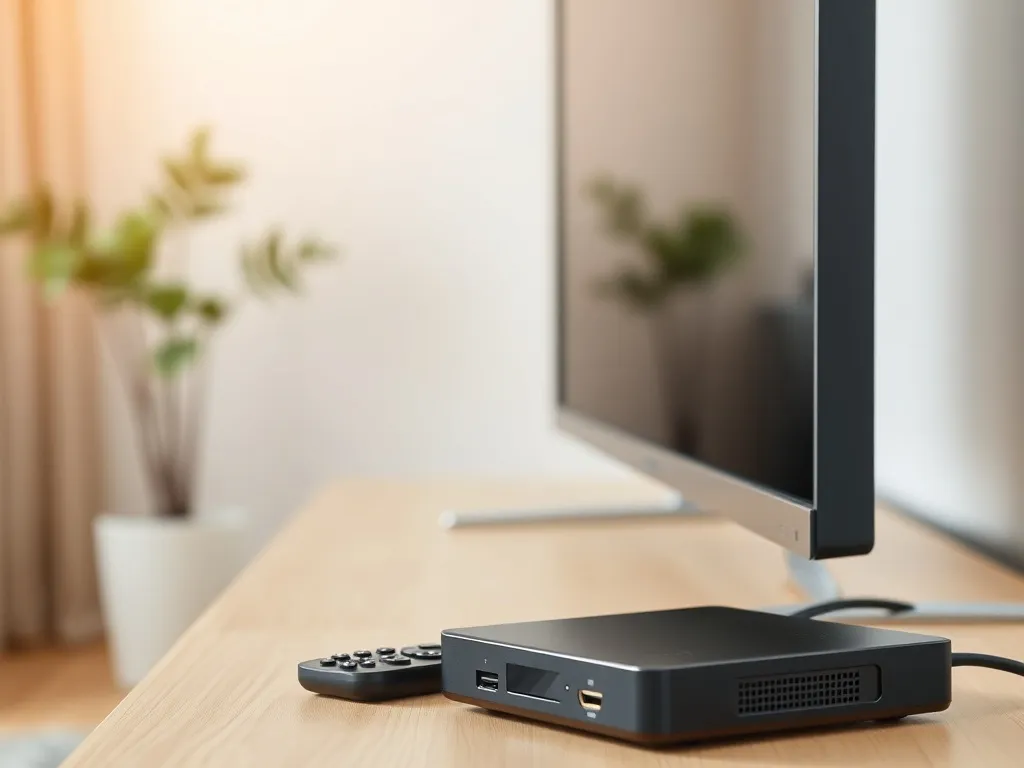 Dekoder podłączony do telewizora jednym kablem HDMI, obok pilot na szafce RTV w jasnym, minimalistycznym salonie.