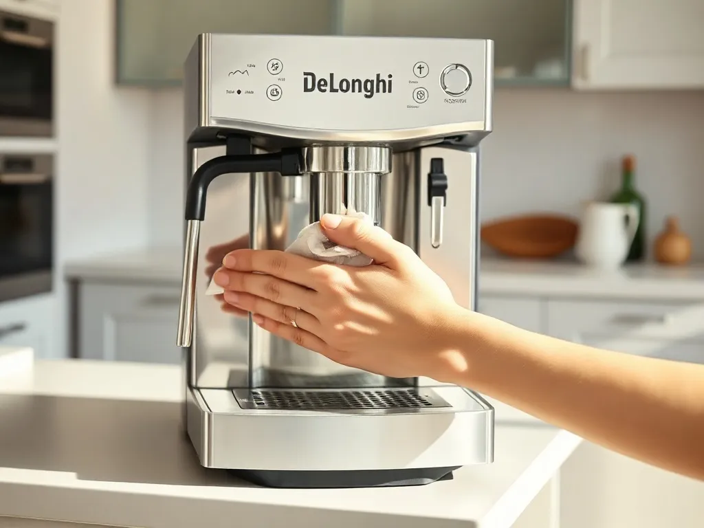 Ręka wyciera ściereczką metalową obudowę czystego ekspresu DeLonghi na jasnym blacie kuchennym.