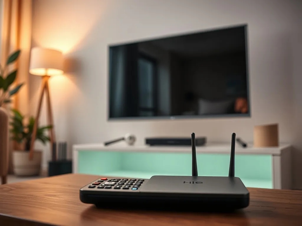 Telewizor podłączony do internetu przez router Wi‑Fi w nowoczesnym salonie, gotowy do konfiguracji krok po kroku.