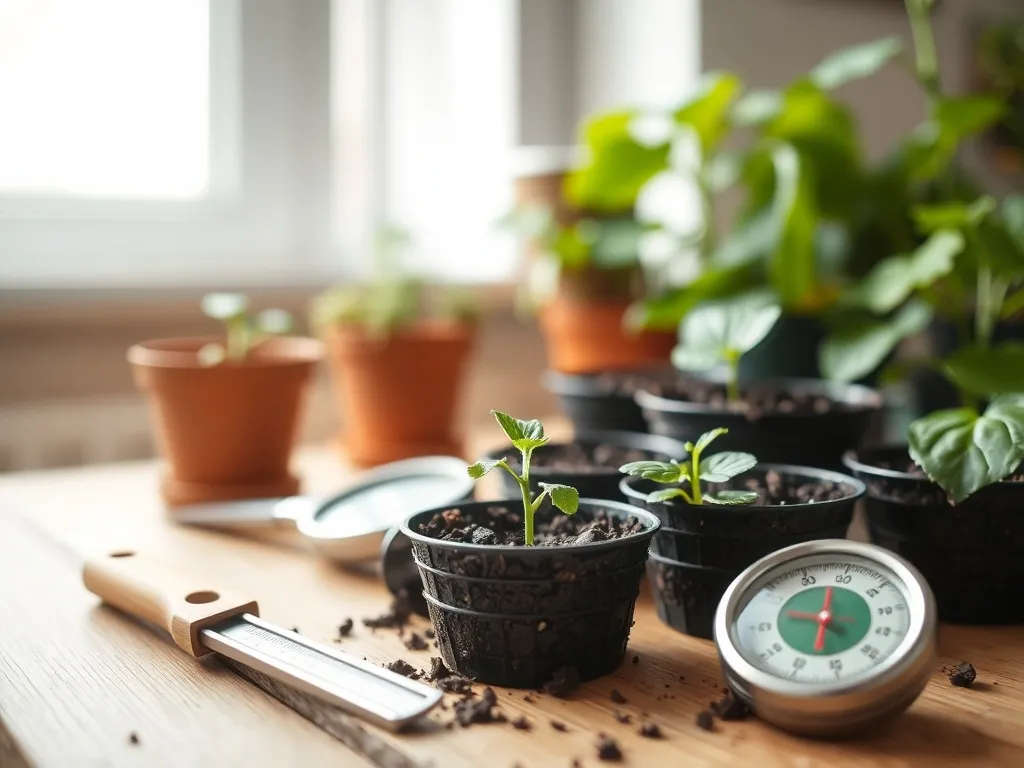 Małe rozsady ogórków w biodegradowalnych doniczkach przy termometrze, pokazujące domową uprawę w odpowiedniej temperaturze.